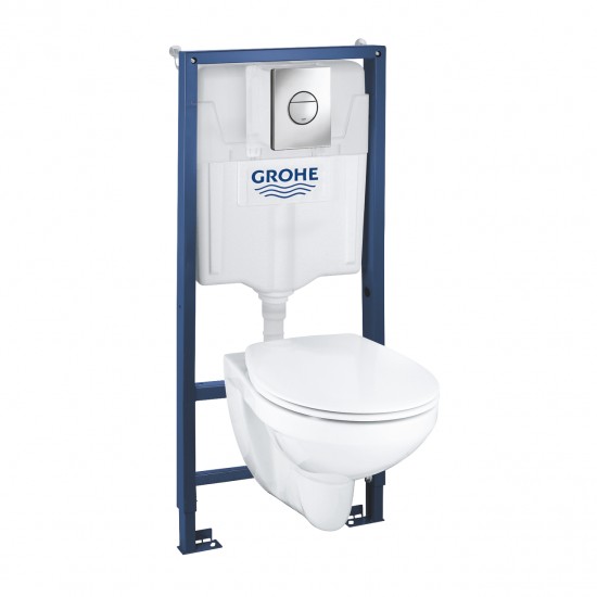 WC puodo Grohe Bau Ceramic su Soft Close dangčiu ir potinkinio rėmo Grohe Rapid SL su chromuotu nuleidimo klavišu komplektas