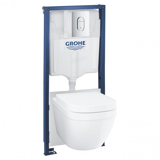 WC puodo Grohe Euro Ceramic su Soft Close dangčiu ir potinkinio rėmo Grohe Rapid SL su chromuotu nuleidimo klavišu komplektas