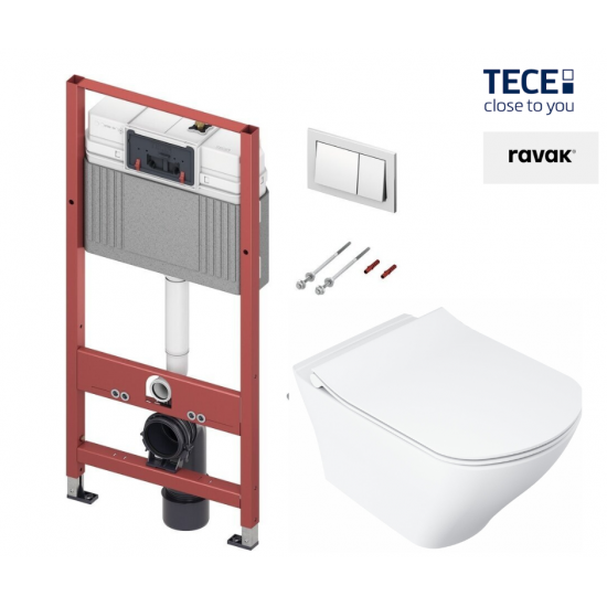 WC puodo Ravak Classic RimOFF su Soft Close dangčiu ir potinkinio rėmo TECE Base su chromuotu nuleidimo klavišu komplektas