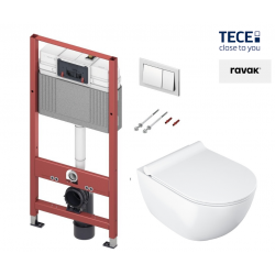 WC puodo Ravak Uni Chrome RimOFF su Soft Close dangčiu ir potinkinio rėmo TECE Base su chromuotu nuleidimo klavišu komplektas