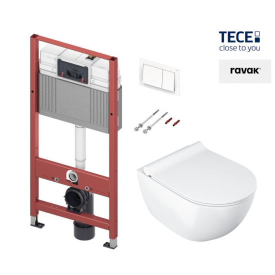 WC puodo Ravak Uni Chrome RimOFF su Soft Close dangčiu ir potinkinio rėmo TECE Base su baltu nuleidimo klavišu komplektas
