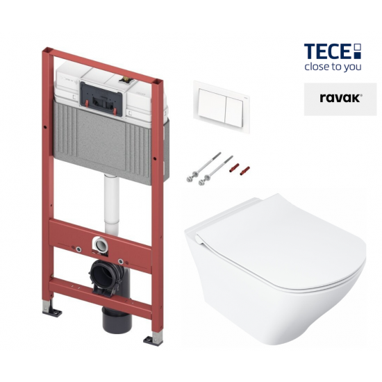 WC puodo Ravak Classic RimOFF su Soft Close dangčiu ir potinkinio rėmo TECE Base su baltu nuleidimo klavišu komplektas