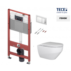 WC puodo Ravak Zante RimOFF su Soft Close dangčiu ir potinkinio rėmo TECE Base su chromuotu nuleidimo klavišu komplektas