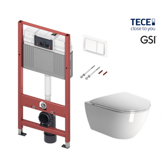 WC puodo GSI PURA Swirlflush® su Soft Close dangčiu ir potinkinio rėmo TECE Base su baltu nuleidimo klavišu komplektas