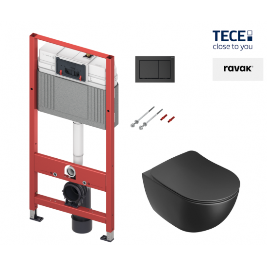 WC puodo Ravak Uni Chrome RimOFF Black su Soft Close dangčiu ir potinkinio rėmo TECE Base su juodu nuleidimo klavišu komplektas