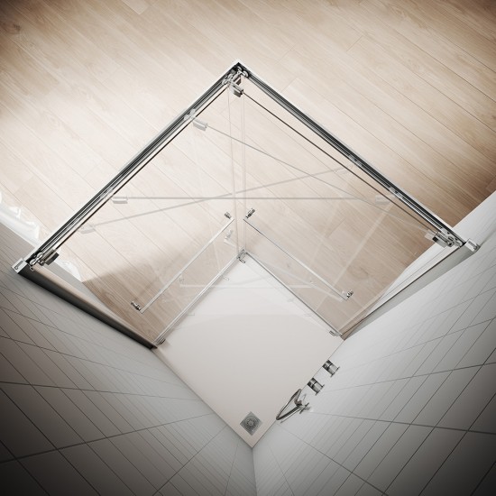 Dušo kabina New Trendy Varia 90 x 90 cm, chromas, durys įsistumia į vidų prie šoninės sienos, skaidrus stiklas