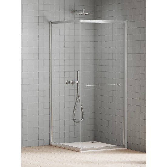 Dušo kabina New Trendy Varia 90 x 90 cm, chromas, durys įsistumia į vidų prie šoninės sienos, skaidrus stiklas