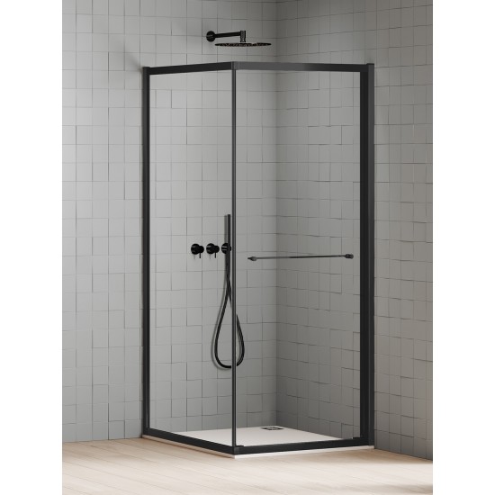 Dušo kabina New Trendy Varia 80 x 80 cm, juoda, durys įsistumia į vidų prie šoninės sienos, skaidrus stiklas