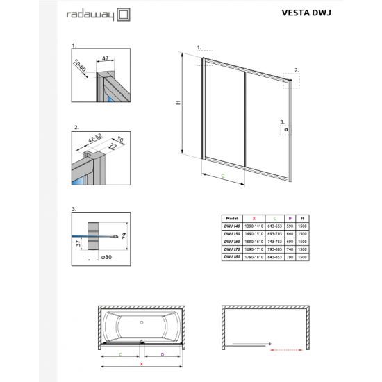 Vonios sienelė Radaway Vesta DWJ 140 cm chromas + skaidrus stiklas