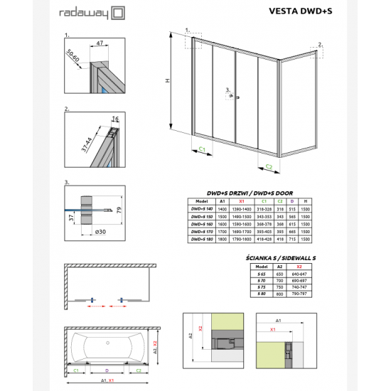 Vonios sienelė Radaway Vesta DWD S 140 cm chromas + skaidrus stiklas