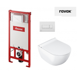 WC puodo Ravak Uni Chrome RimOFF su Soft Close dangčiu ir potinkinio rėmo Ravak Uni su baltu nuleidimo klavišu komplektas
