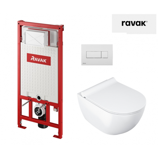 WC puodo Ravak Uni Chrome RimOFF su Soft Close dangčiu ir potinkinio rėmo Ravak Uni su baltu nuleidimo klavišu komplektas