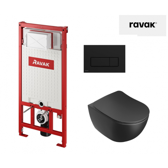 WC puodo Ravak Uni Chrome RimOFF Black su Soft Close dangčiu ir potinkinio rėmo Ravak Uni su juodu nuleidimo klavišu komplektas