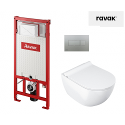WC puodo Ravak Uni Chrome RimOFF su Soft Close dangčiu ir potinkinio rėmo Ravak Uni su satino nuleidimo klavišu komplektas
