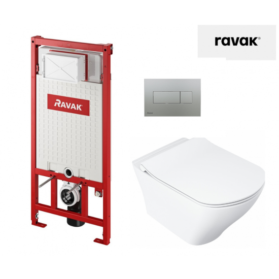 WC puodo Ravak Classic RimOFF su Soft Close dangčiu ir potinkinio rėmo Ravak Uni su satino nuleidimo klavišu komplektas