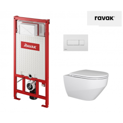 WC puodo Ravak Zante RimOFF su Soft Close dangčiu ir potinkinio rėmo Ravak Uni su baltu nuleidimo klavišu komplektas