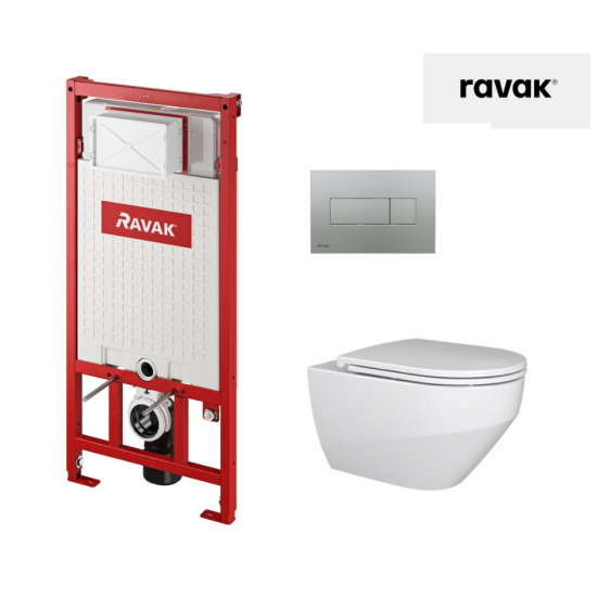WC puodo Ravak Zante RimOFF su Soft Close dangčiu ir potinkinio rėmo Ravak Uni su satino nuleidimo klavišu komplektas