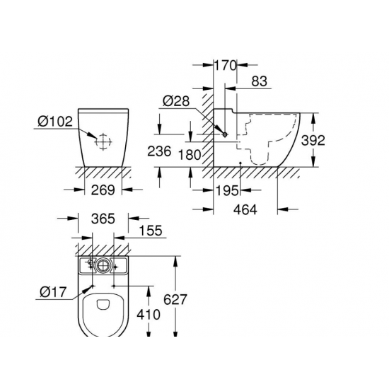Pastatomas unitazas Grohe Bau Ceramic Rimless su Soft Close dangčiu