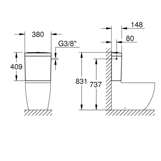 Pastatomas unitazas Grohe Bau Ceramic Rimless su Soft Close dangčiu