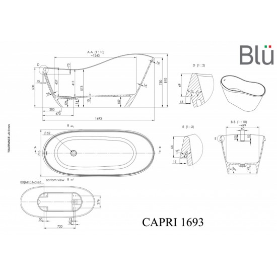 Akmens masės vonia BLU CAPRI su persipylimu 169 x 71