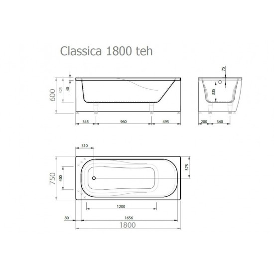 Akmens masės vonia Vispool Classica 180 x 75 cm balta
