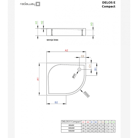 Dušo padėklas Radaway Delos E Compact 80 x 90 cm akrilinis, baltas, dešinės pusės