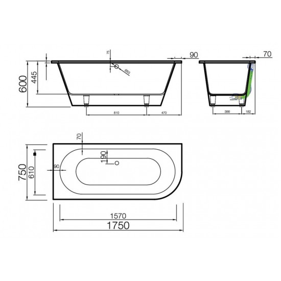 Akmens masės vonia Vispool Evento 3 L 175 x 75 cm balta, su 1 apvalintu kampu dešinėje