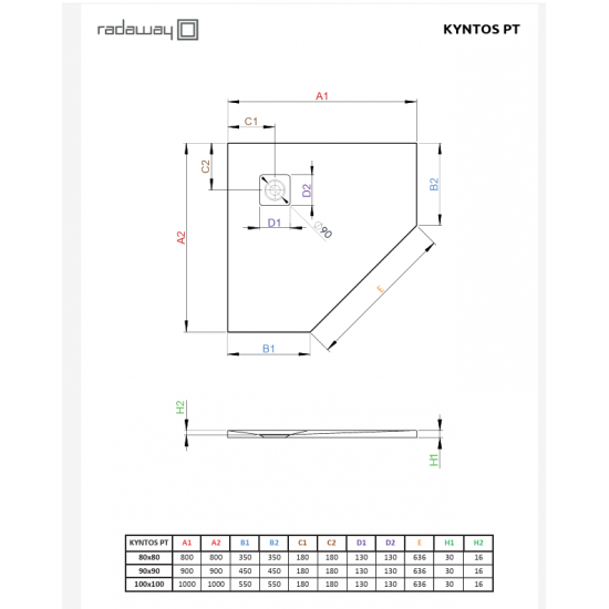 Dušo padėklas Radaway Kyntos PT 100 x 100 cm akmens masės, baltas