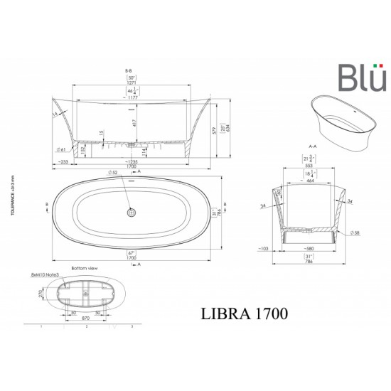 Akmens masės vonia BLU LIBRA su persipylimu 170 x 78
