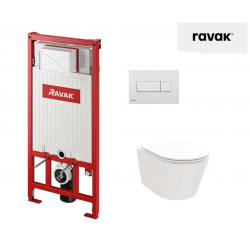 WC puodo Ravak Flow RimOFF su Soft Close dangčiu ir potinkinio rėmo Ravak Uni su baltu nuleidimo klavišu komplektas