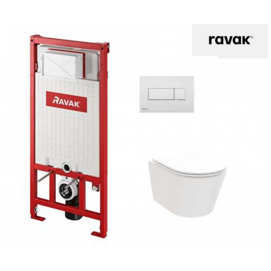 WC puodo Ravak Flow RimOFF su Soft Close dangčiu ir potinkinio rėmo Ravak Uni su baltu nuleidimo klavišu komplektas