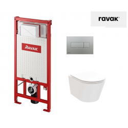 WC puodo Ravak Flow RimOFF su Soft Close dangčiu ir potinkinio rėmo Ravak Uni su satino nuleidimo klavišu komplektas