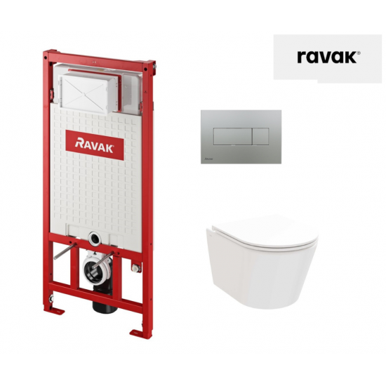 WC puodo Ravak Flow RimOFF su Soft Close dangčiu ir potinkinio rėmo Ravak Uni su satino nuleidimo klavišu komplektas