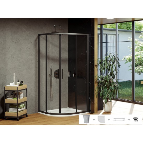 Dušo kabina Ravak Blix Slim BLSCP4 80 x 80 cm juoda matinė + akmens masės dušo padėklas + sifonas