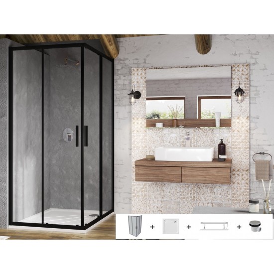 Dušo kabina Ravak Blix Slim BLSRV2 90 x 90 cm juoda matinė + akmens masės dušo padėklas + sifonas Dušo kabina Ravak Blix Slim BLSRV2 90 x 90 cm juoda matinė + akmens masės dušo padėklas + sifonas