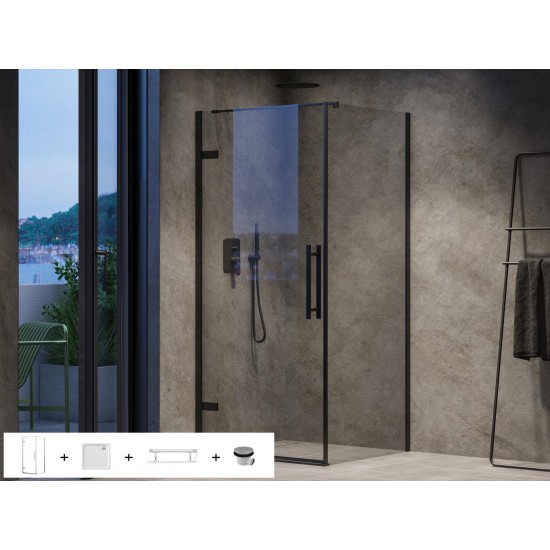 Dušo kabina Ravak Cool COSD1 90 x 90 cm juoda matinė + akmens masės dušo padėklas + sifonas