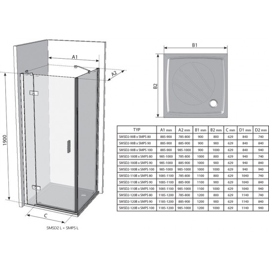 Dušo kabinos durys RAVAK SMARTLINE SMSD2-100 + SMPS kairinės