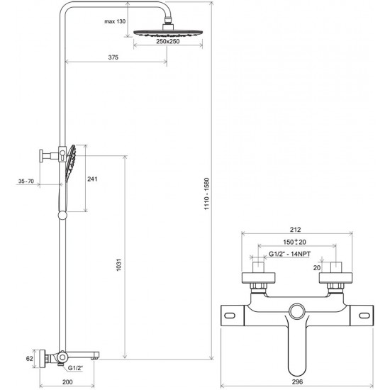 Termostatinė dušo sistema RAVAK TE 092.00/150 TERMO 300 su termostatiniu maišytuvu, dušo komplektu