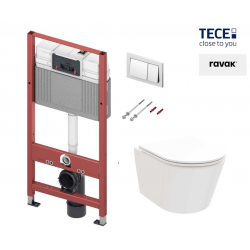 WC puodo Ravak Flow RimOFF su Soft Close dangčiu ir potinkinio rėmo TECE Base su chromuotu nuleidimo klavišu komplektas