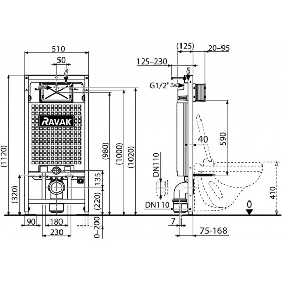 Potinkinis WC modulis Ravak G II, montavimo aukštis 1120 mm