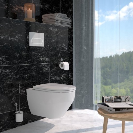 WC puodo Ravak Zante RimOFF su Soft Close dangčiu ir potinkinio rėmo TECE Base su baltu nuleidimo klavišu komplektas